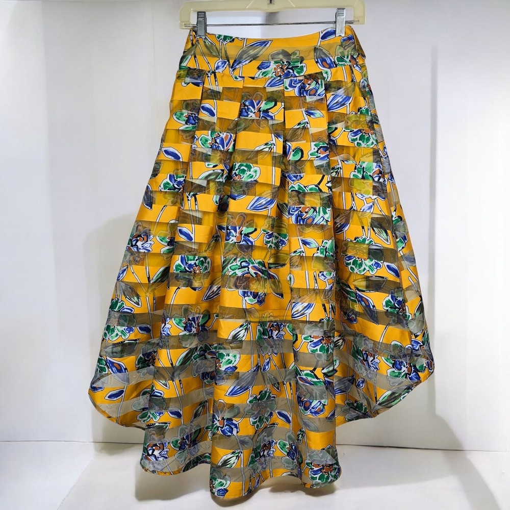 Banjul Bold Floral Print High Low‎ Midi Skirt Sheer Overlay Woman Small Pleated - Picture 2 of 12
